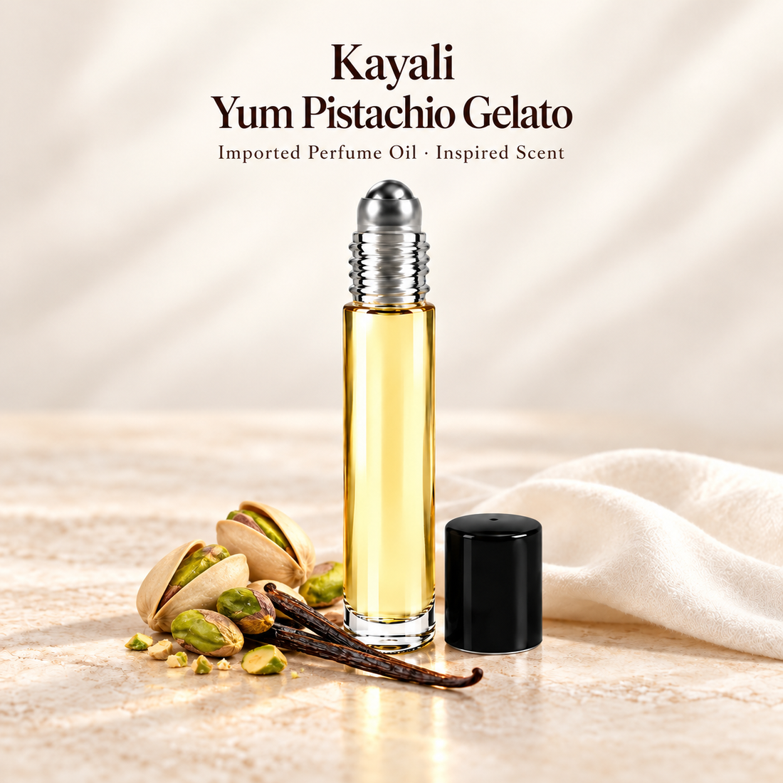 Kayali Yum Pistachio Gelato Perfume Oil with minimal scent note accents on soft ivory