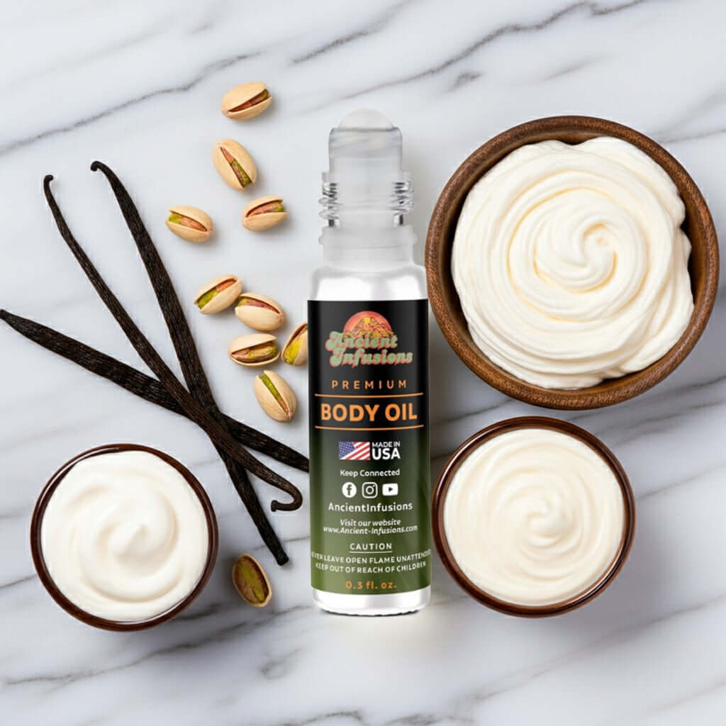 Kayali Yum Pistachio Gelato Inspired Body Oil with pistachios and whipped cream on a marble surface