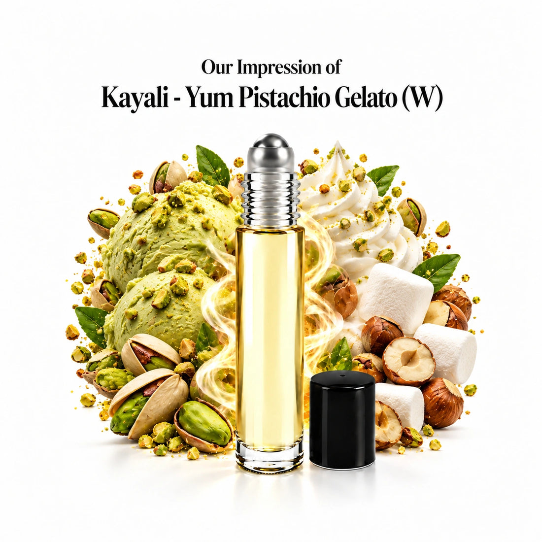 Kayali - Yum Pistachio Gelato (W) perfume oil with a centered roll-on bottle and fragrance-note arrangement, generous white margins.