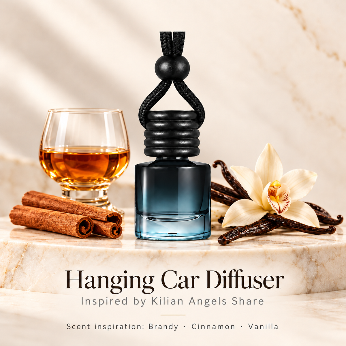 Hanging car diffuser inspired by Kilian Angels Share, brandy cinnamon and vanilla scent inspiration on ivory stone