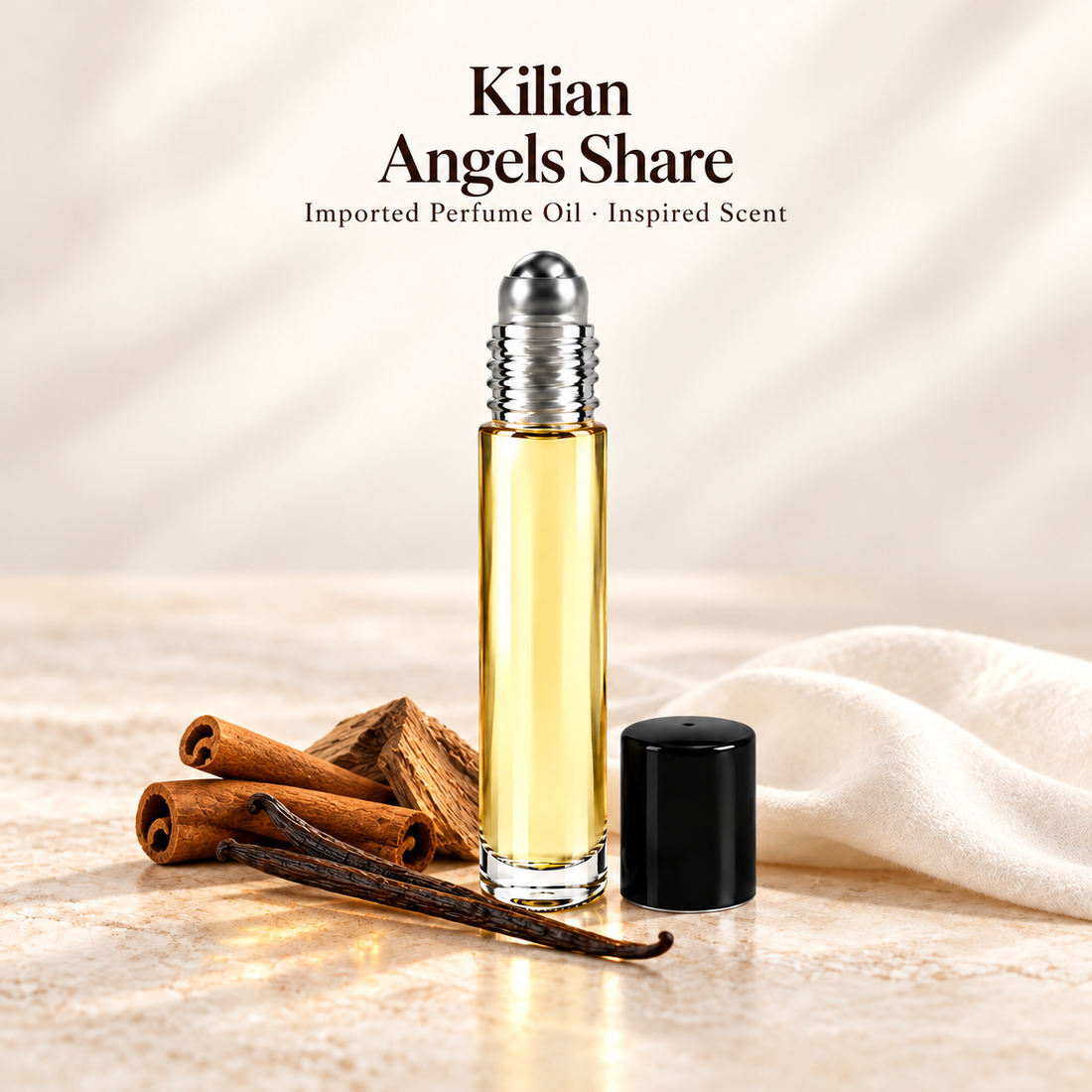 Kilian Angels Share Perfume Oil with minimal scent note accents on soft ivory