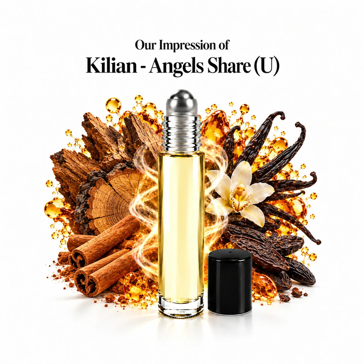 Kilian - Angels Share (U) perfume oil with a centered roll-on bottle and fragrance-note arrangement, generous white margins.