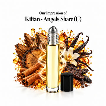 Kilian - Angels Share (U) perfume oil with a centered roll-on bottle and fragrance-note arrangement, generous white margins.