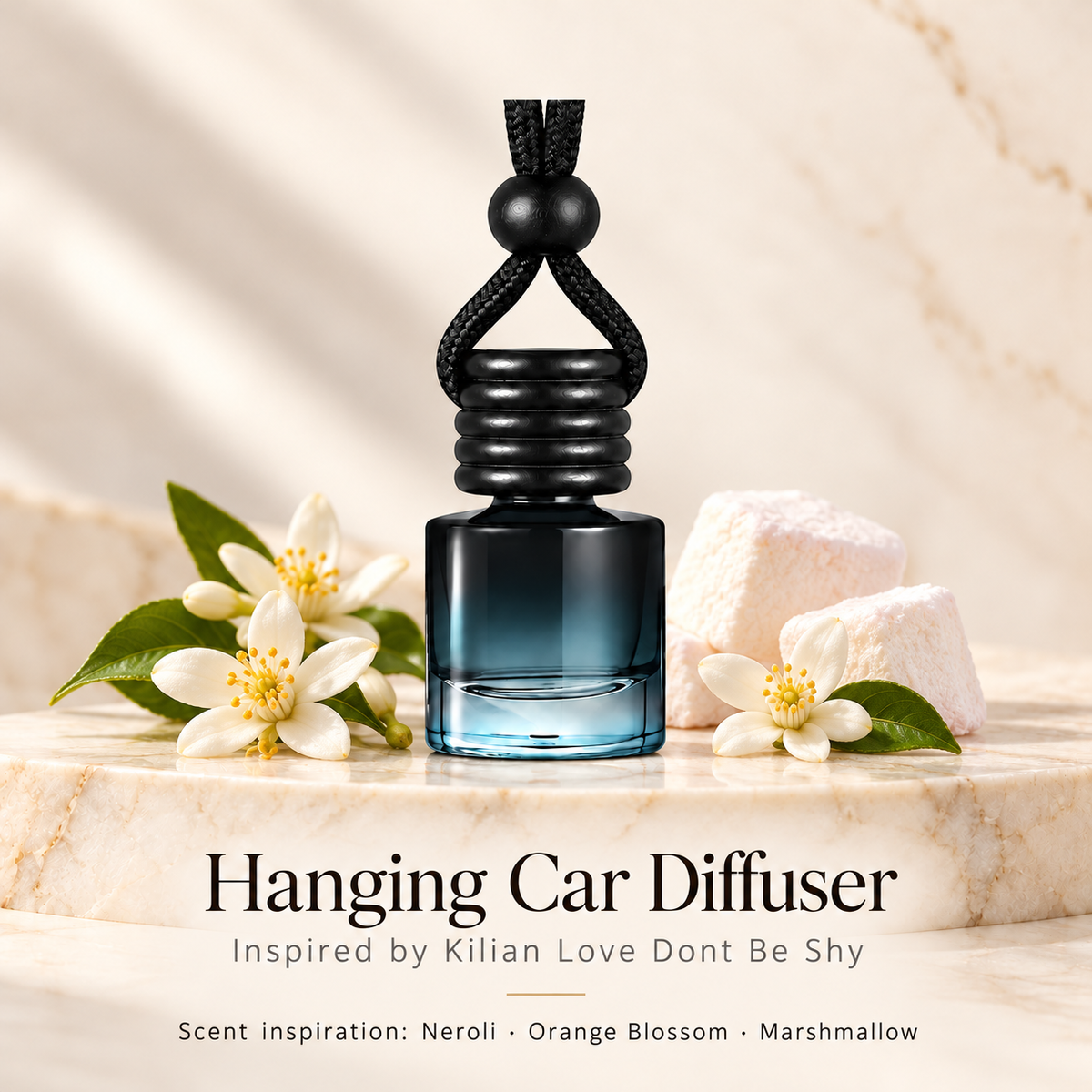 Hanging car diffuser inspired by Kilian Love Dont Be Shy, with scent illustrations on warm ivory stone