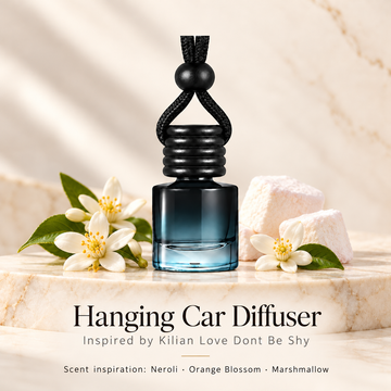Hanging car diffuser inspired by Kilian Love Dont Be Shy, with scent illustrations on warm ivory stone