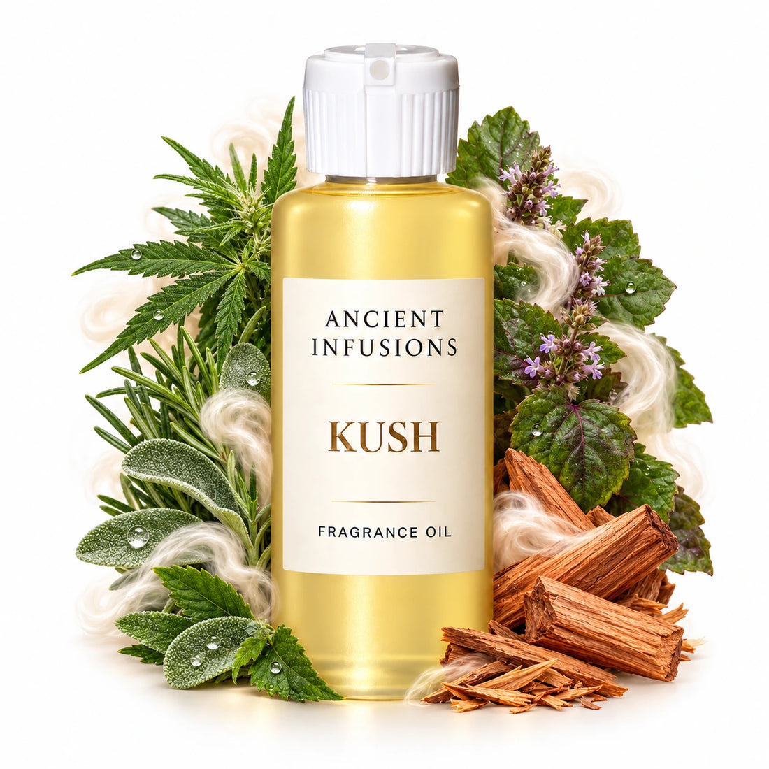 Kush fragrance oil by Ancient Infusions, with pale yellow oil and a tight halo representing green herbs, patchouli, sandalwood.