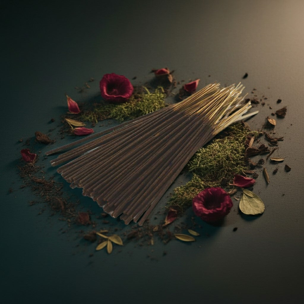 Kush Incense Sticks with a red ribbon on a dark surface with leaves and flowers.