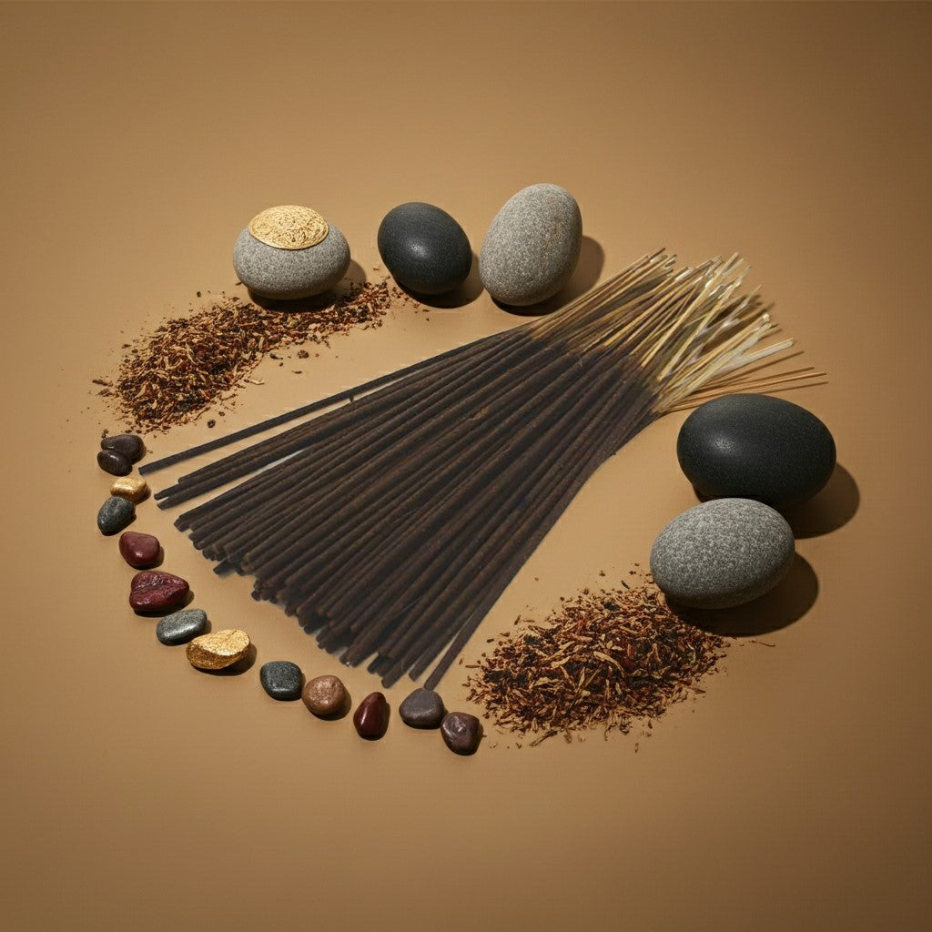 Lagerfeld Incense Sticks with stones and dried leaves on a brown background
