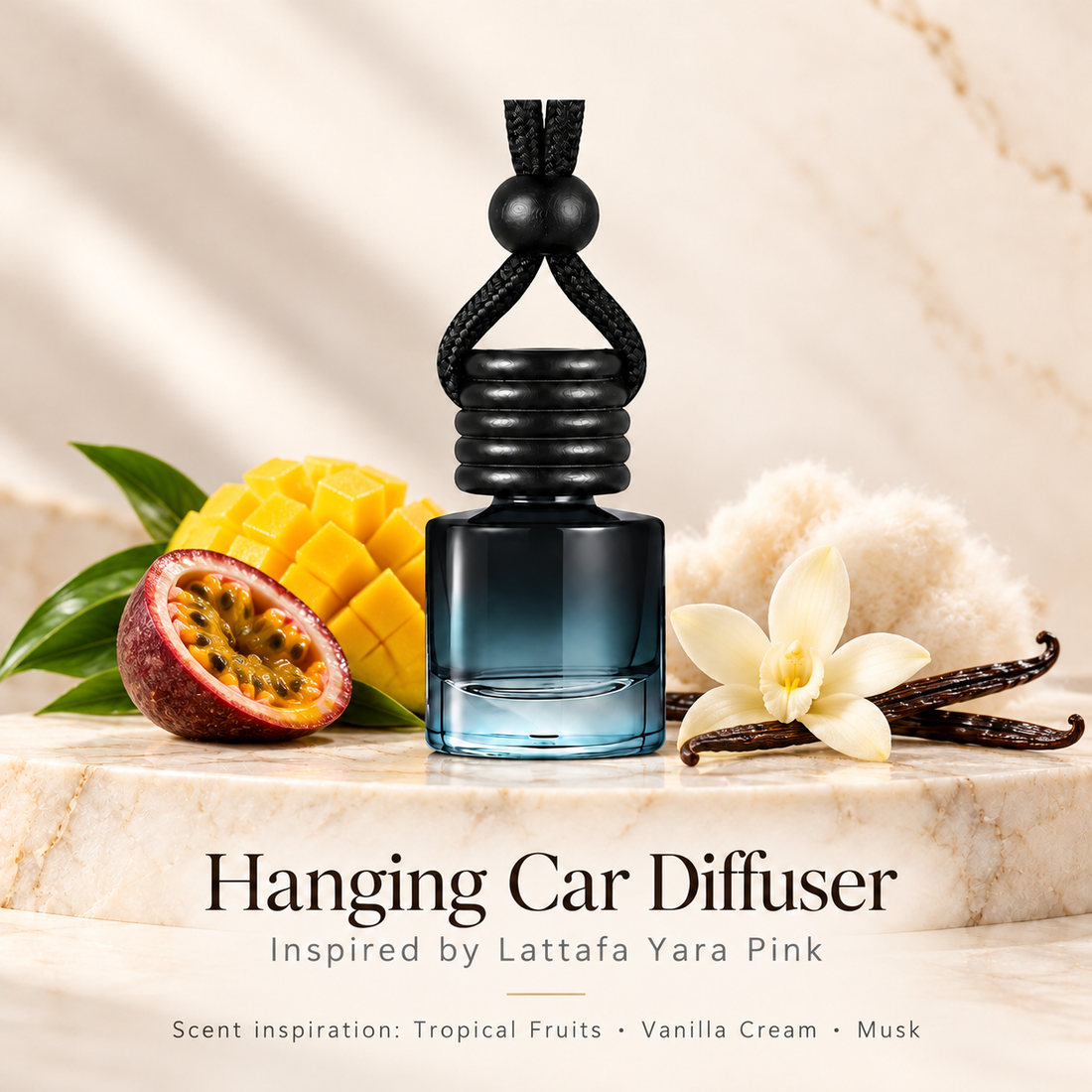 Hanging car diffuser inspired by Lattafa Yara Pink, with scent illustrations on warm ivory stone