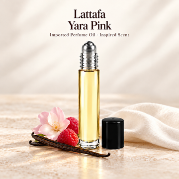 Lattafa Yara Pink Perfume Oil with minimal scent note accents on soft ivory