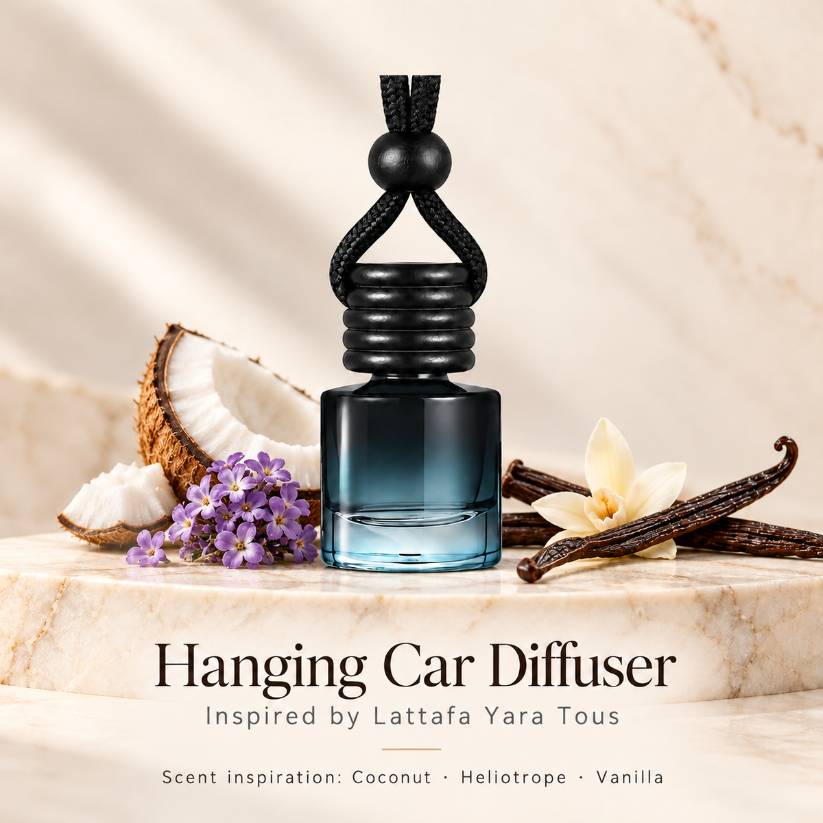 Hanging car diffuser inspired by Lattafa Yara Tous, with scent illustrations on warm ivory stone