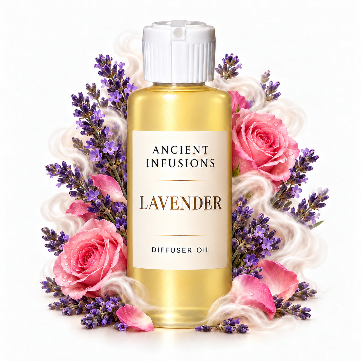 Lavender Diffuser Oil by Ancient Infusions with golden oil, white cap and matching scent artwork