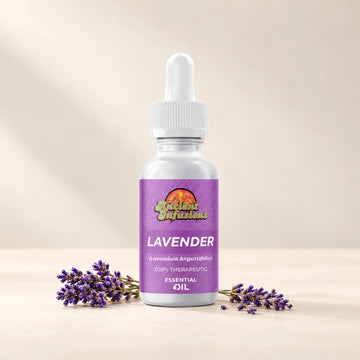 Ancient Infusions Lavender Essential Oil bottle with botanicals on a soft ivory background.