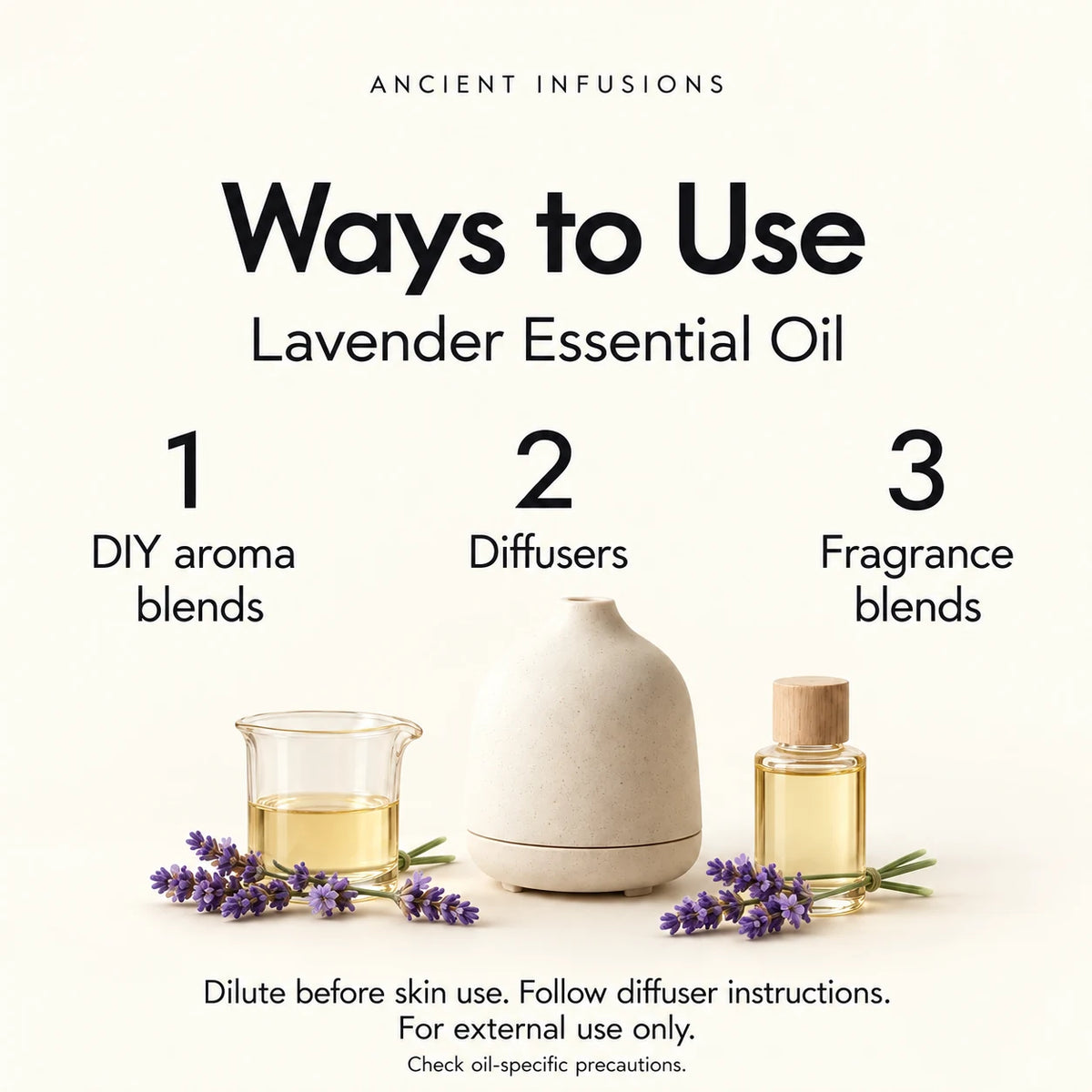 Lavender Essential Oil uses: DIY aroma blends, diffusers and fragrance blends. Dilute before skin use; follow diffuser instructions; check oil-specific precautions.