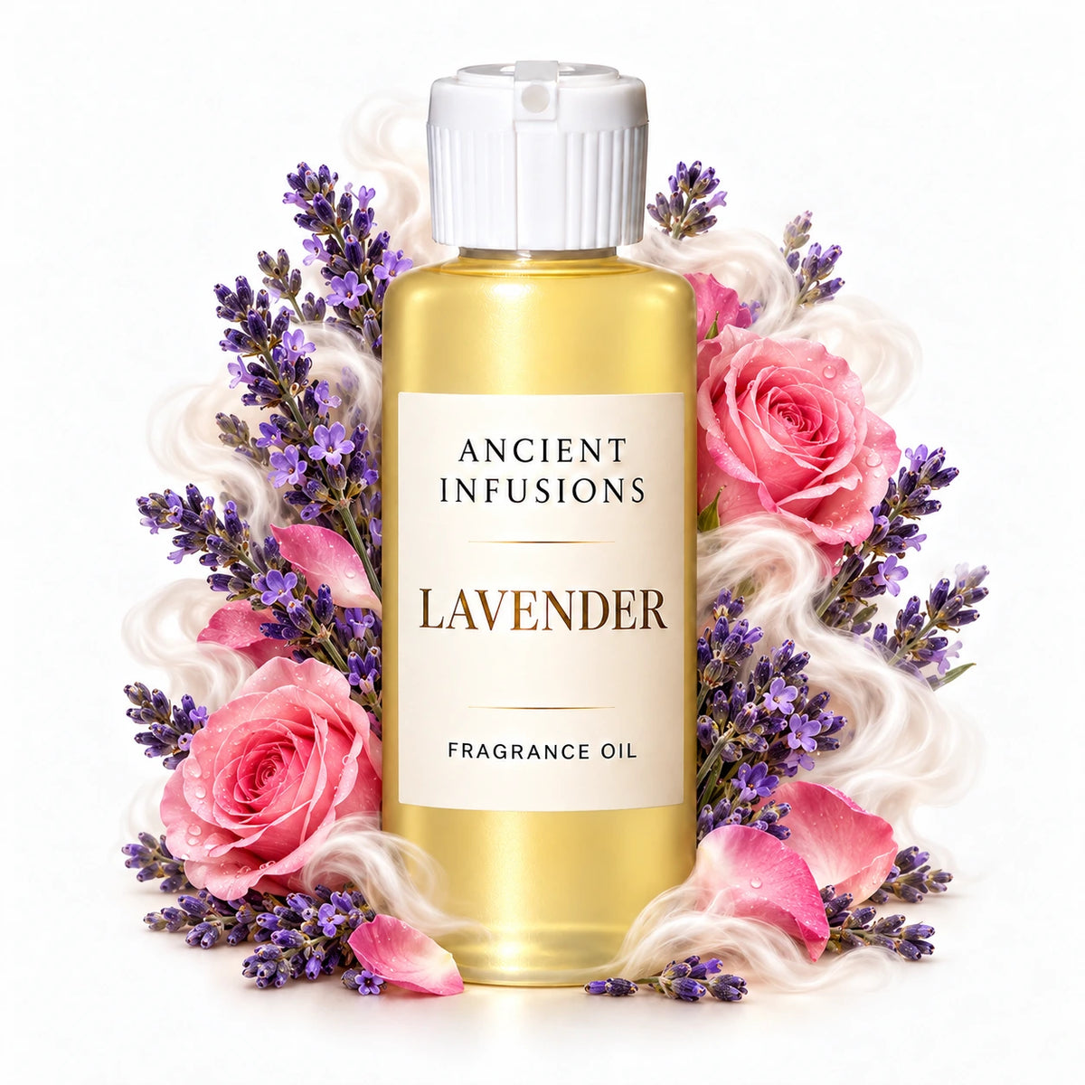 Lavender fragrance oil by Ancient Infusions, with pale yellow oil and a tight halo representing fresh lavender, rose, soft musk.