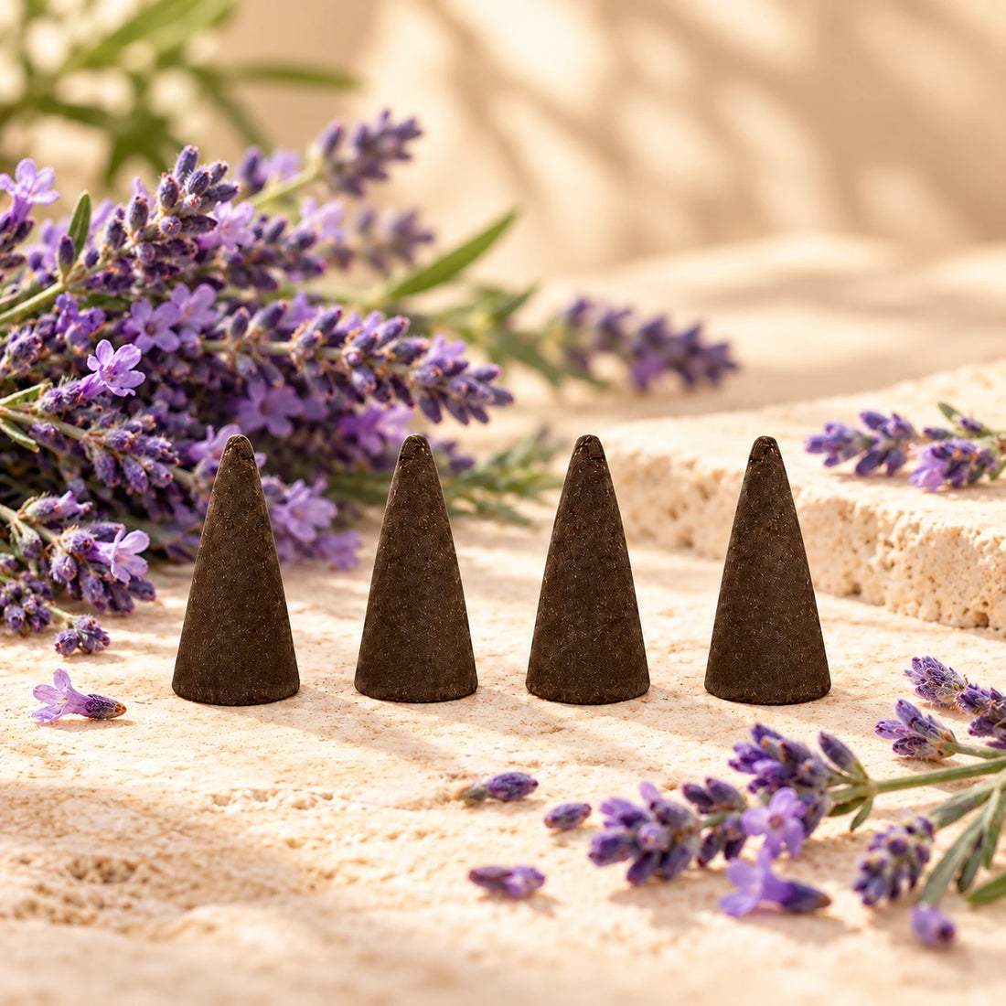 Lavender Incense Cones on cream stone.