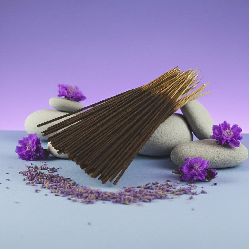 Lavender Incense Sticks with a pink ribbon on stones with purple flowers and lavender petals.