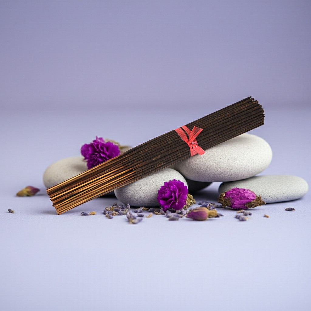 Lavender Incense Sticks with a pink ribbon on stones with purple flowers and lavender petals.
