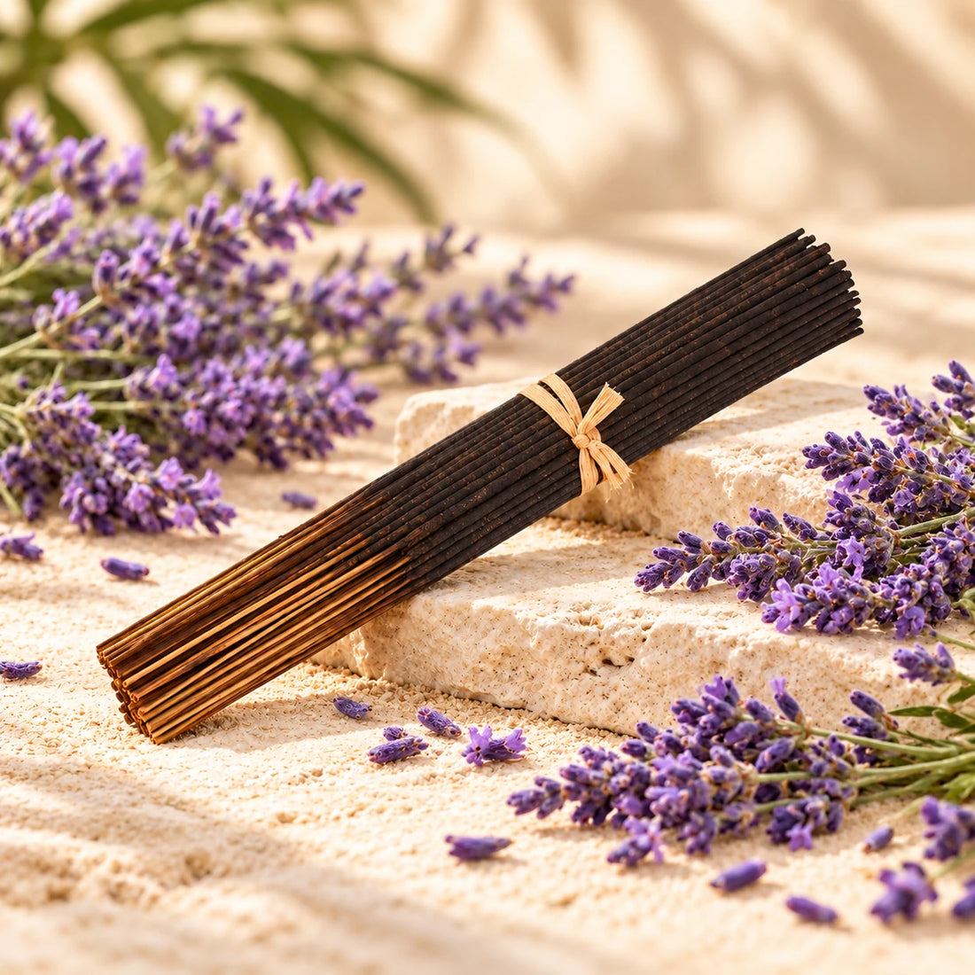 Lavender Incense Sticks on cream stone.