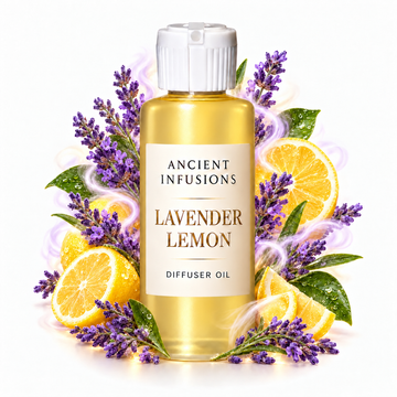 Lavender Lemon Diffuser Oil by Ancient Infusions in a golden oil bottle with scent artwork