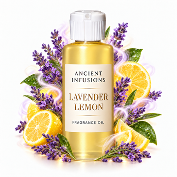 Lavender Lemon Fragrance Oil by Ancient Infusions in a golden oil bottle with scent artwork