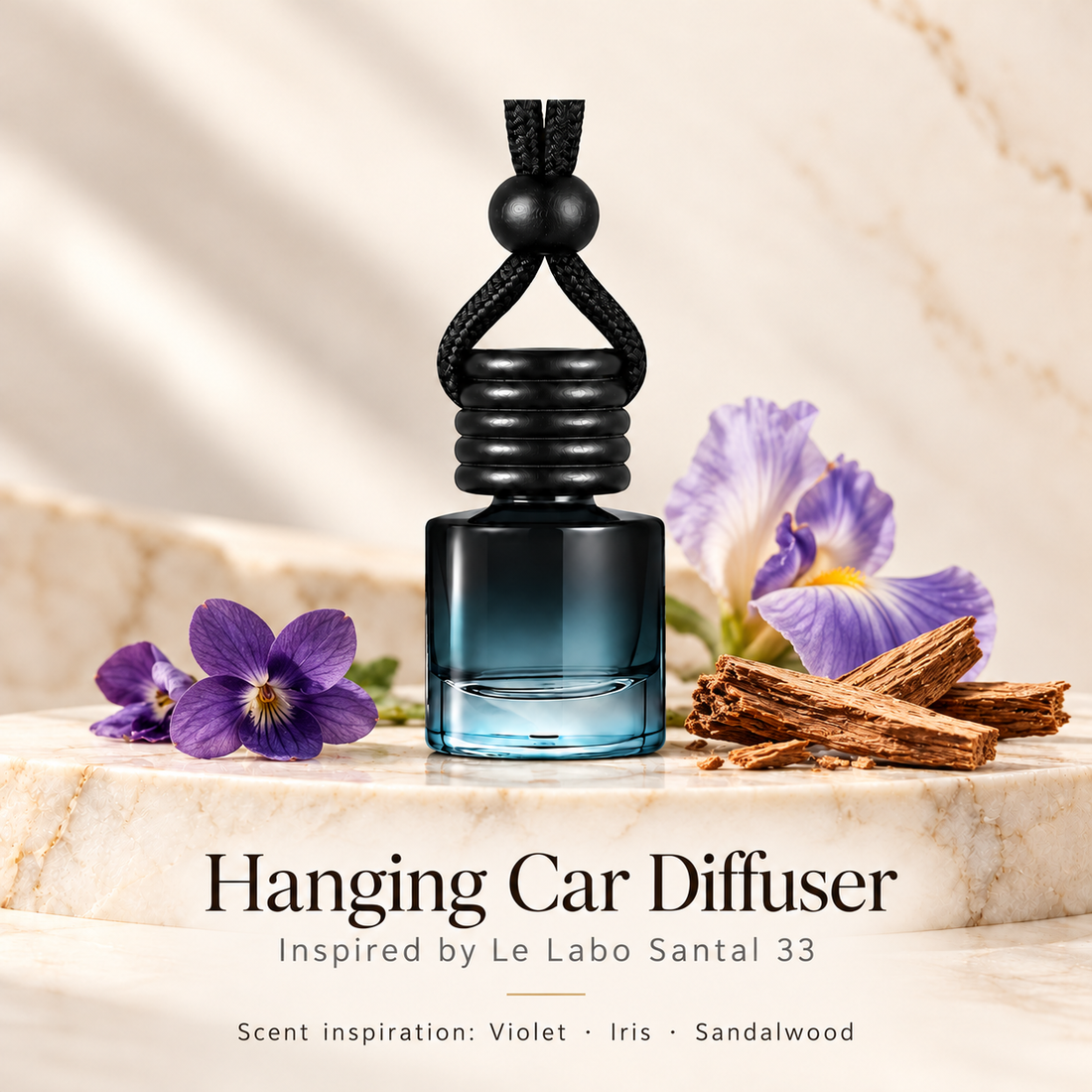 Hanging car diffuser inspired by Le Labo Santal 33, with scent illustrations on warm ivory stone
