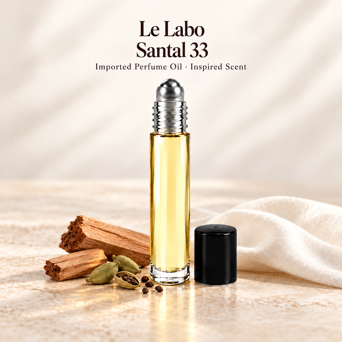 Le Labo Santal 33 Perfume Oil with minimal scent note accents on soft ivory