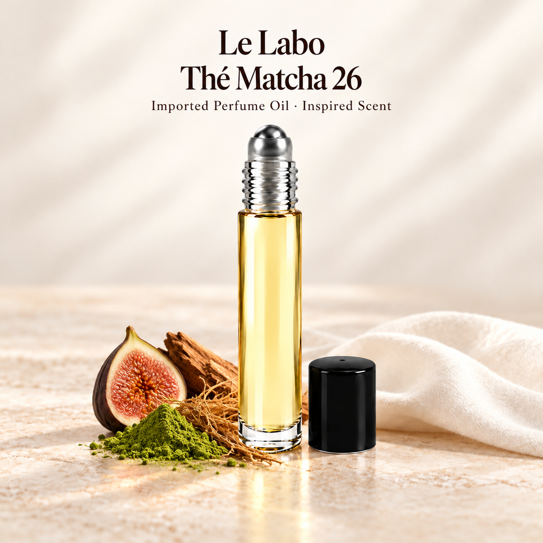 Le Labo Thé Matcha 26 Perfume Oil with minimal scent note accents on soft ivory