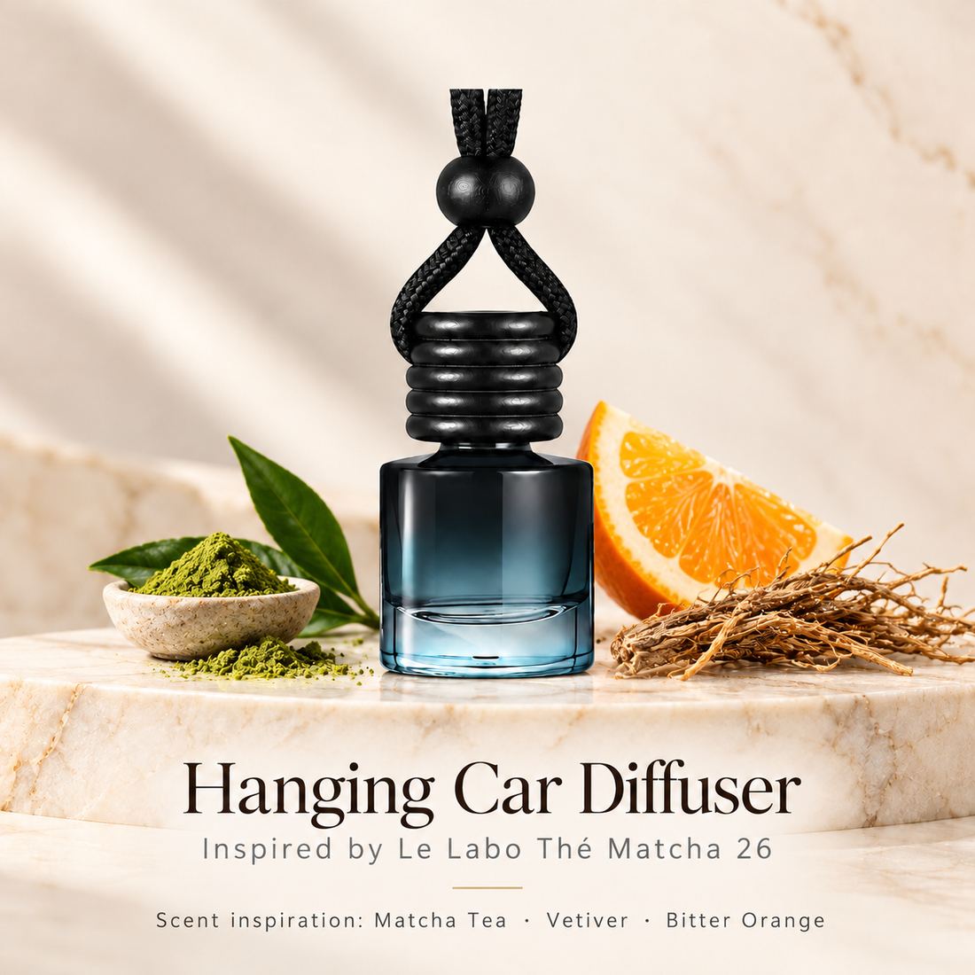 Hanging car diffuser inspired by Le Labo Thé Matcha 26, with scent illustrations on warm ivory stone