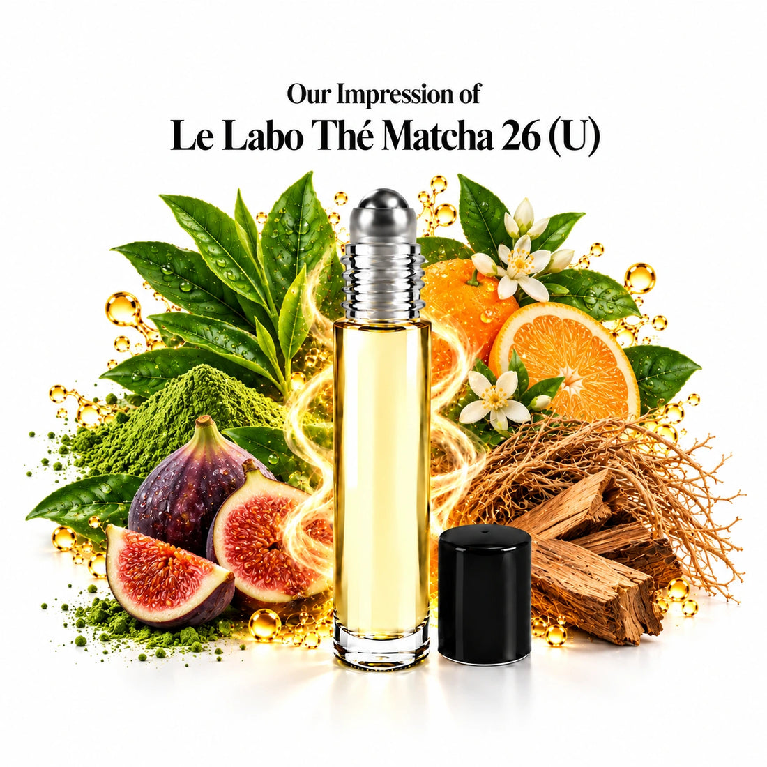 Our impression of Le Labo Thé Matcha 26 perfume oil with fragrance notes on white