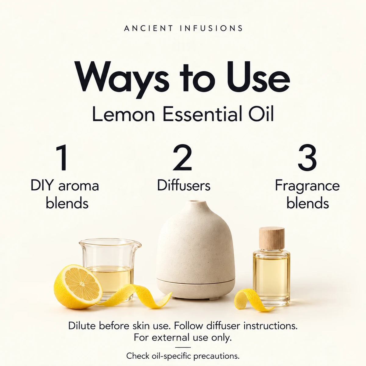Lemon Essential Oil uses: DIY aroma blends, diffusers and fragrance blends. Dilute before skin use; follow diffuser instructions; check oil-specific precautions.