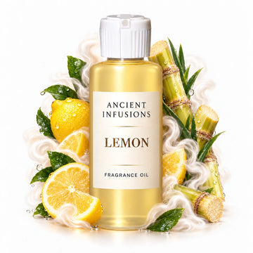 Lemon fragrance oil by Ancient Infusions, with pale yellow oil and a tight halo representing fresh lemon, sugarcane, soft musk.