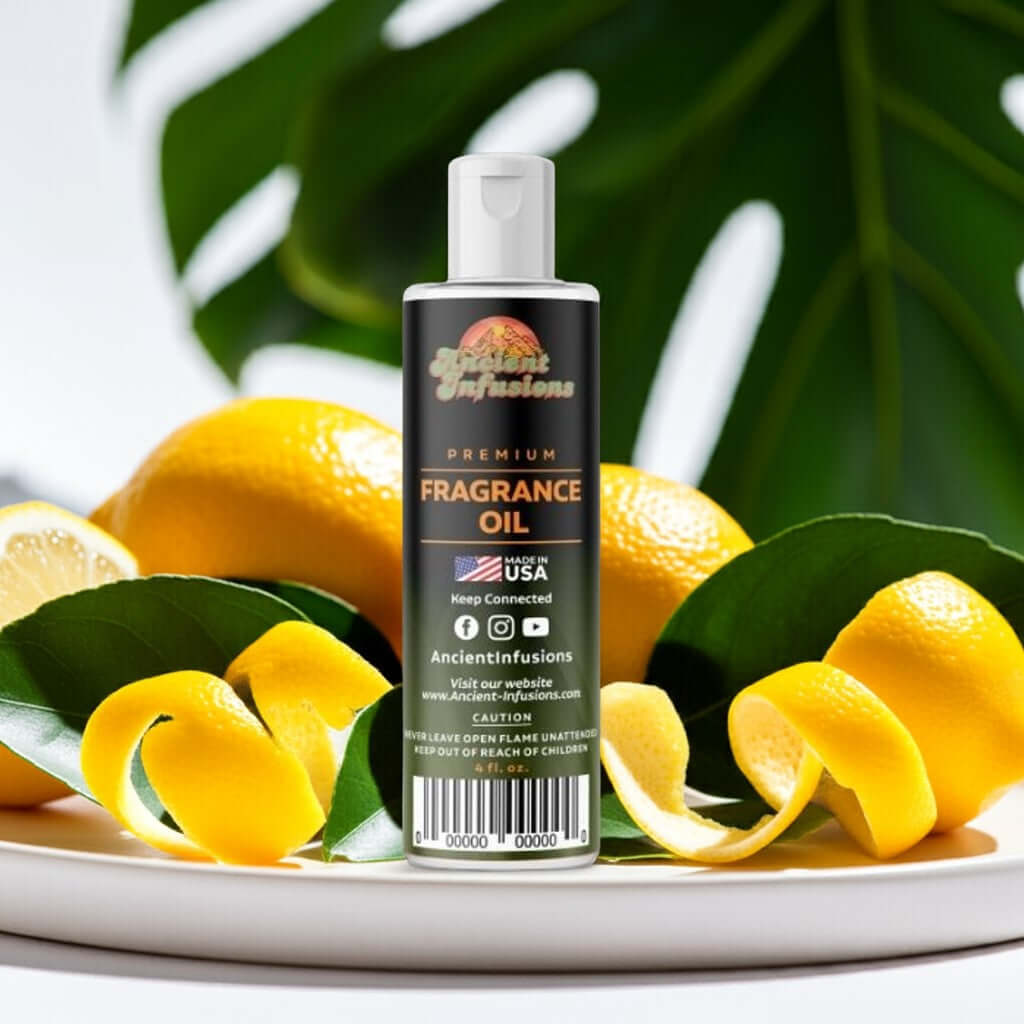 Lemon Fragrance Oil bottle with fresh citrus peels, bright and uplifting aroma for energizing routines.