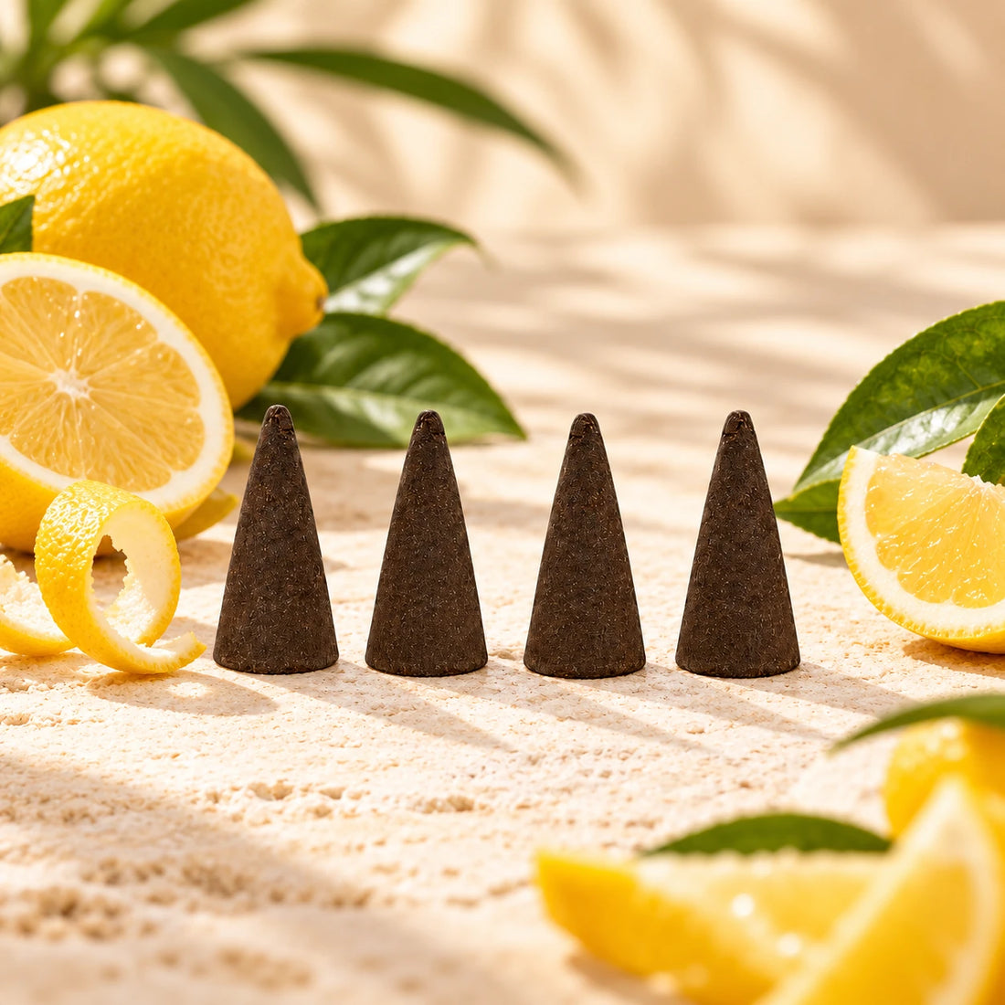 Lemon Incense Cones on cream stone.
