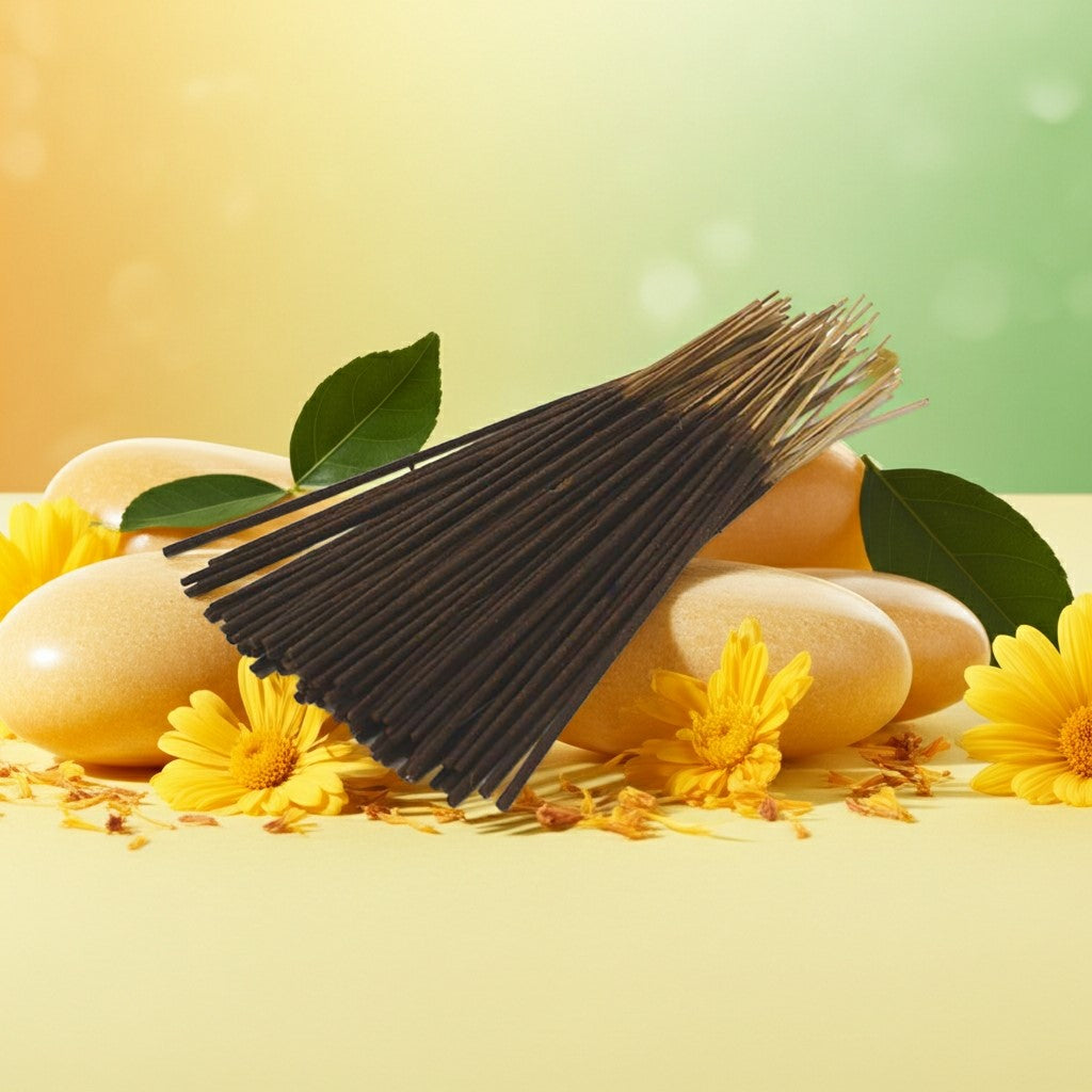 Lemon Incense Sticks with stones and yellow flowers on a gradient background