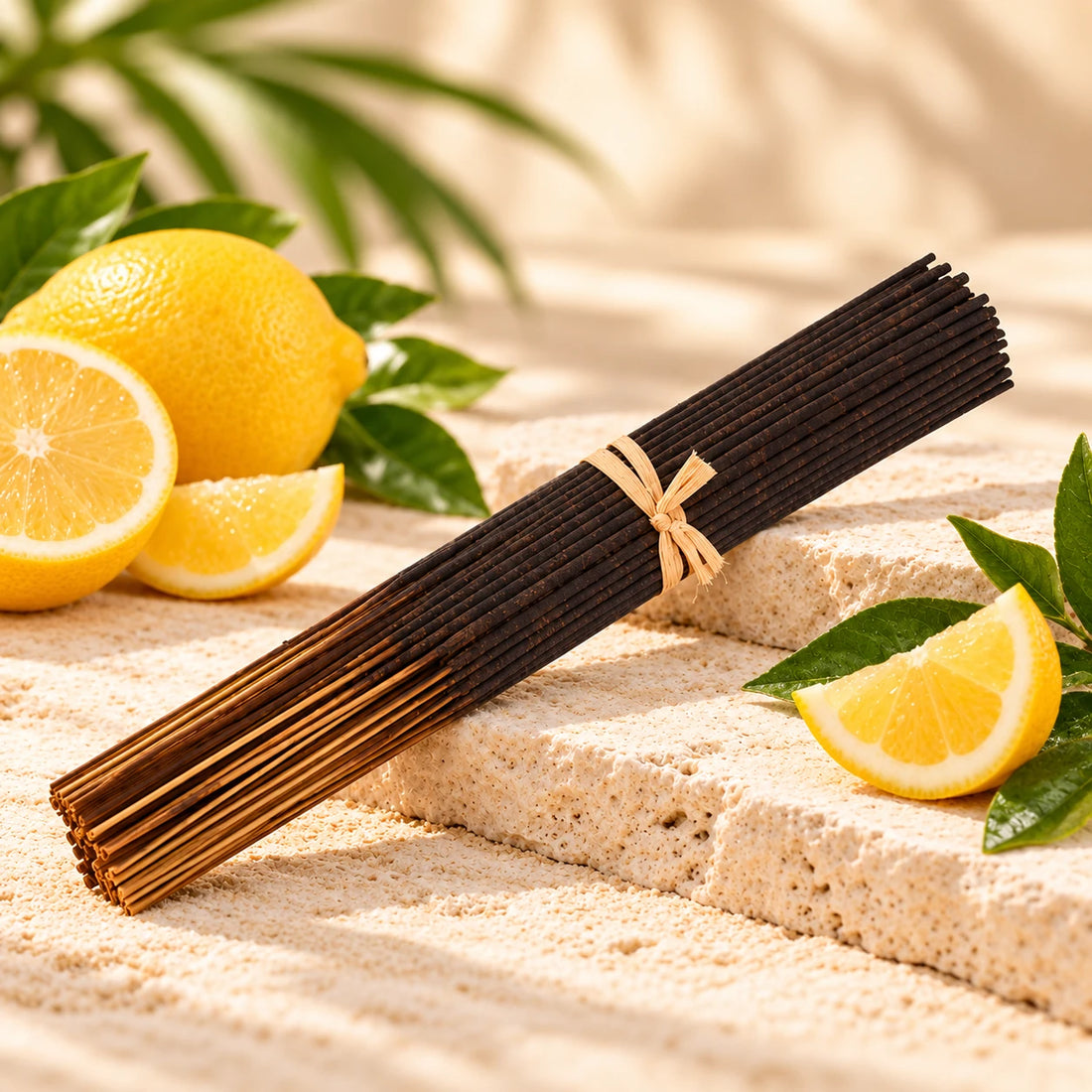 Lemon Incense Sticks on cream stone.