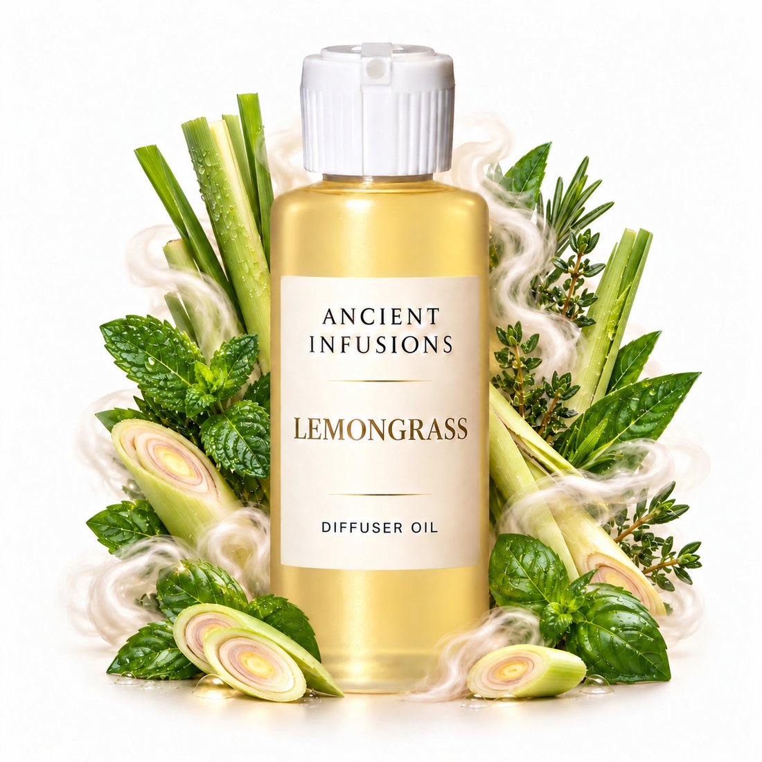 Lemongrass Diffuser Oil by Ancient Infusions with golden oil, white cap and matching scent artwork
