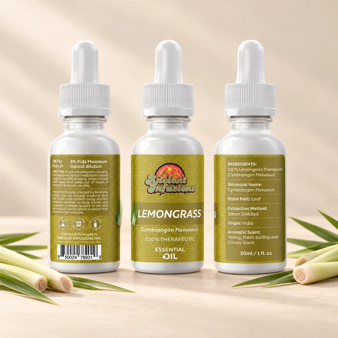 Ancient Infusions Lemongrass Essential Oil bottle with botanicals on a soft ivory background.