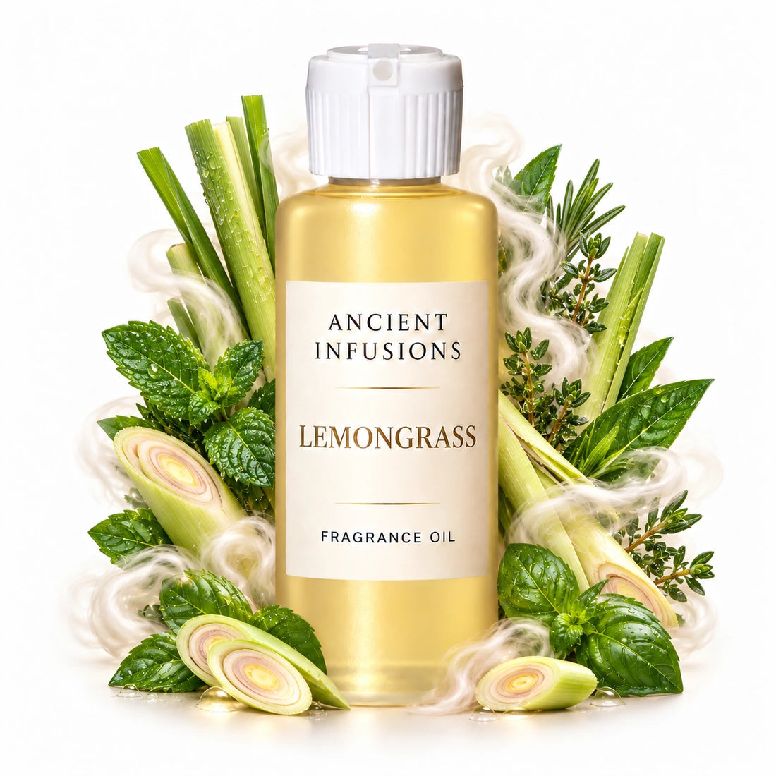 Lemongrass fragrance oil by Ancient Infusions, with pale yellow oil and a tight halo representing fresh lemongrass, green herbs, light musk.