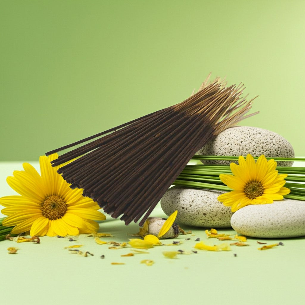 Lemongrass Incense Sticks with yellow flowers and stones on a green background