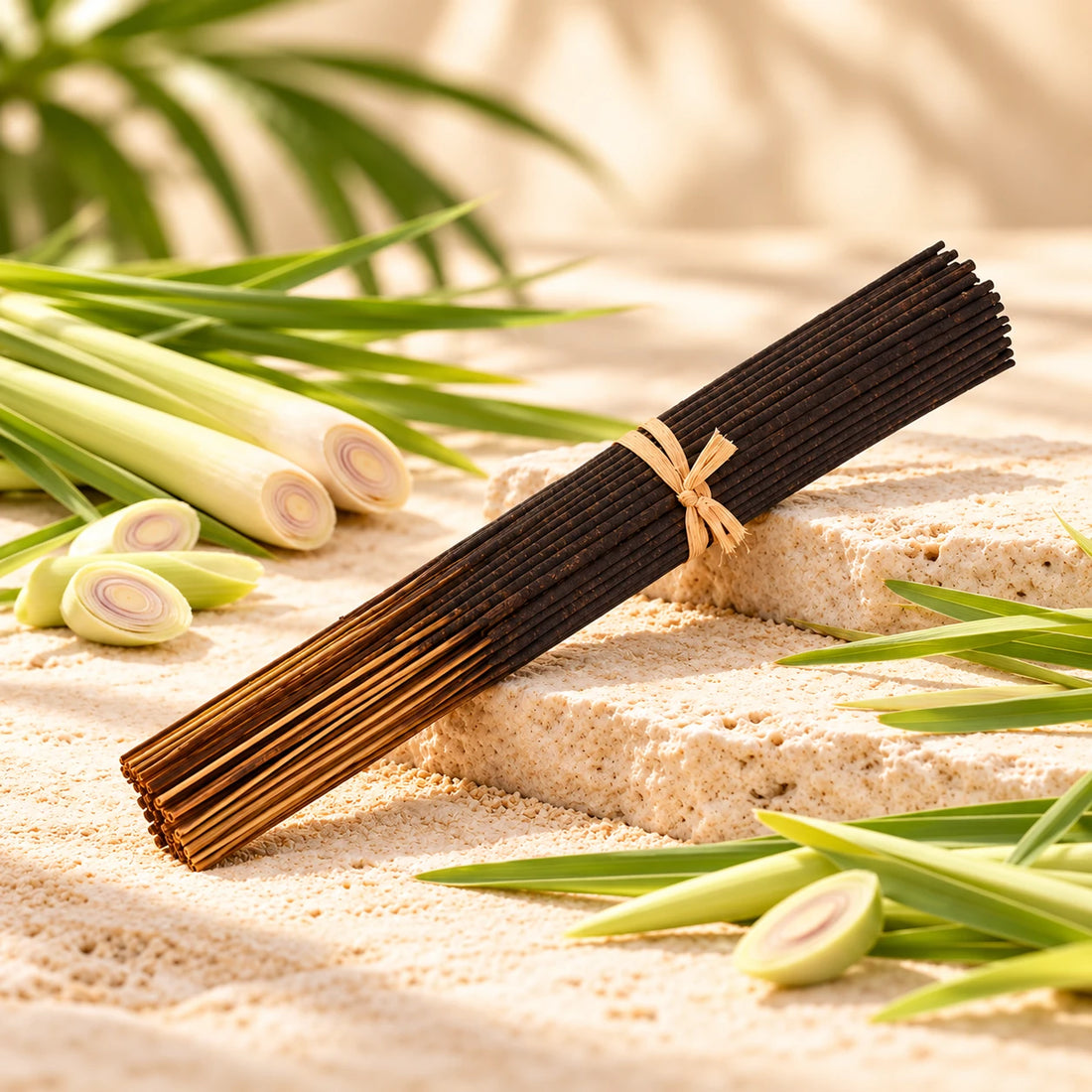 Lemongrass Incense Sticks on cream stone.