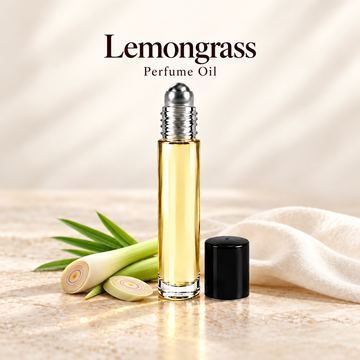 Lemongrass Perfume Oil with simple scent note accents on soft ivory