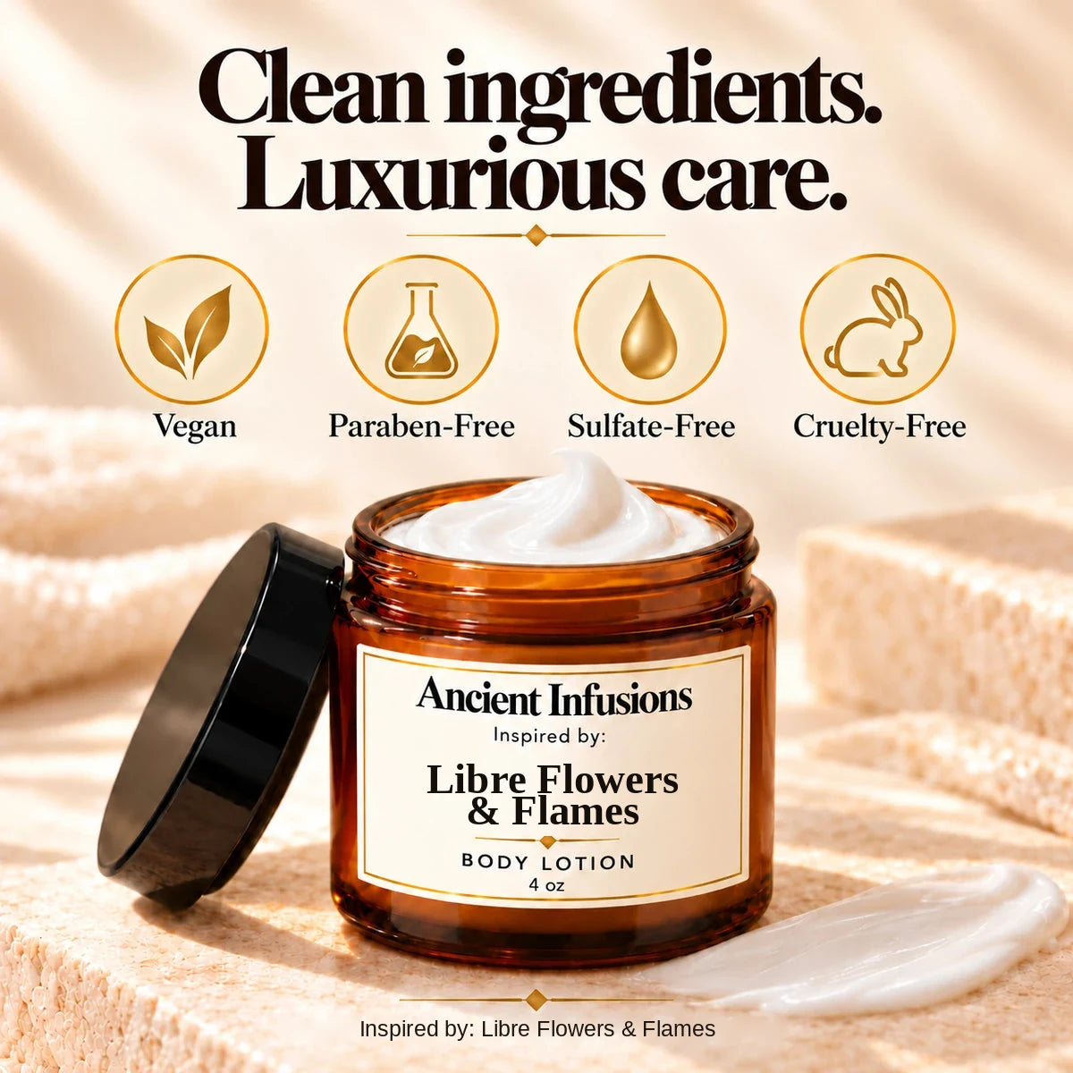 Libre Flowers & Flames Inspired Body Lotion by Ancient Infusions — vegan, paraben-free, sulfate-free and cruelty-free
