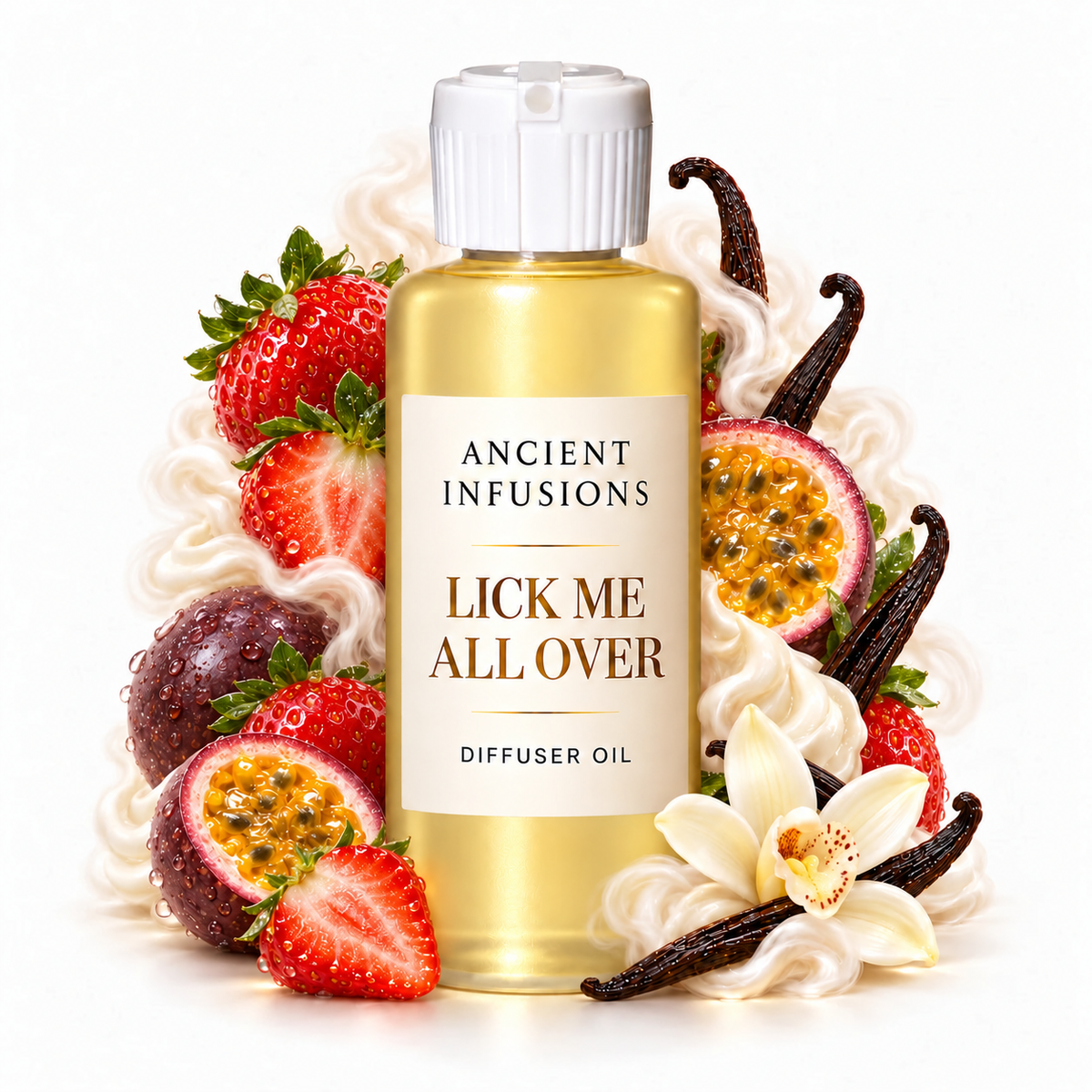 Lick Me All Over Diffuser Oil by Ancient Infusions with golden oil, white cap and matching scent artwork