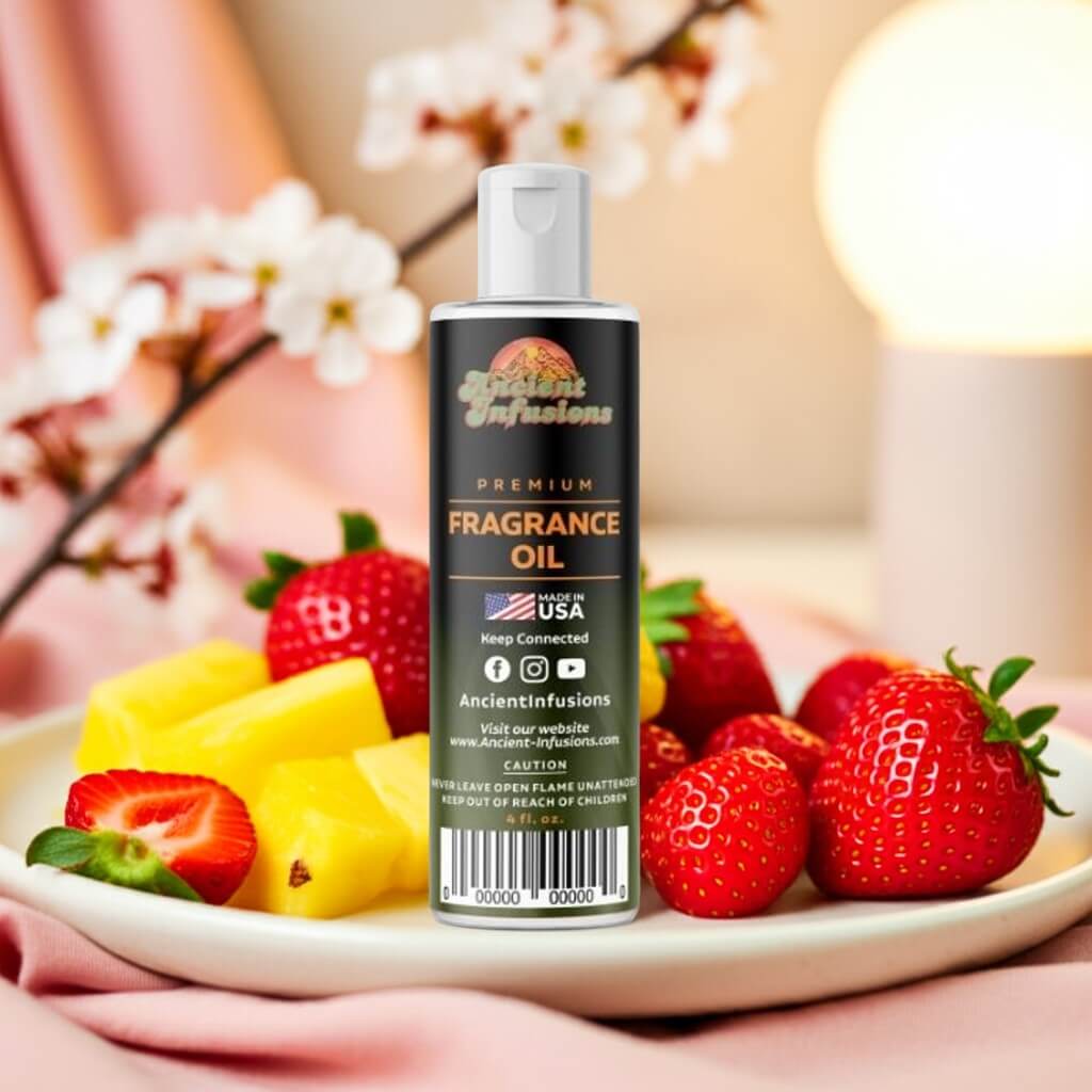 Lick Me All Over Fragrance Oil with juicy tropical fruits bottle display.