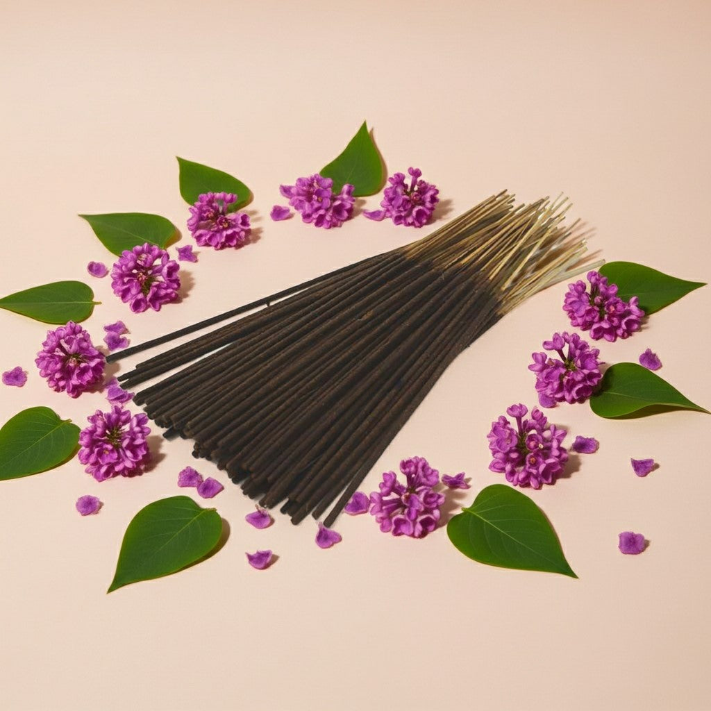 Lilac Incense Sticks with purple flowers and green leaves on a beige background