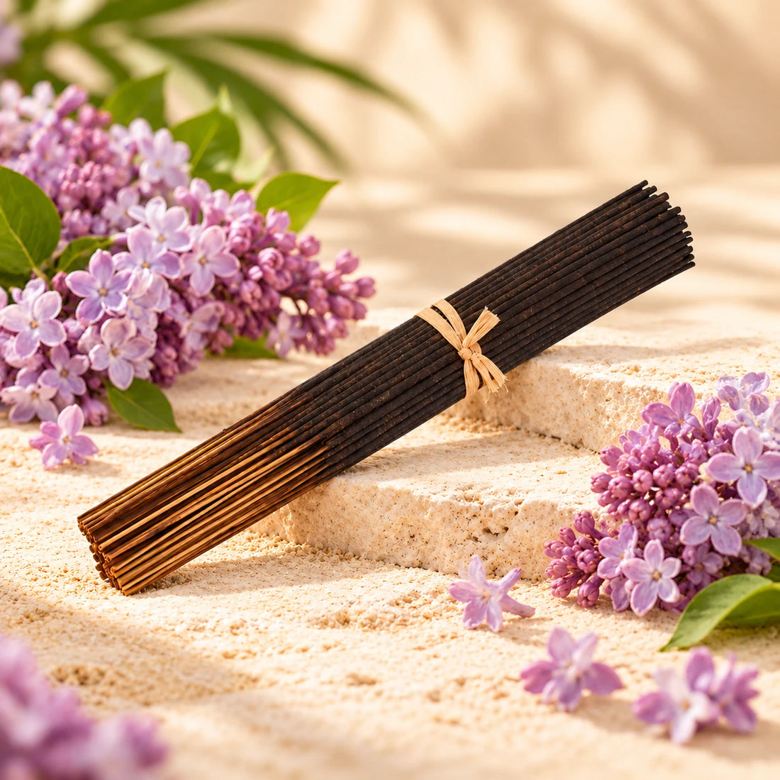 Lilac Incense Sticks on cream stone.