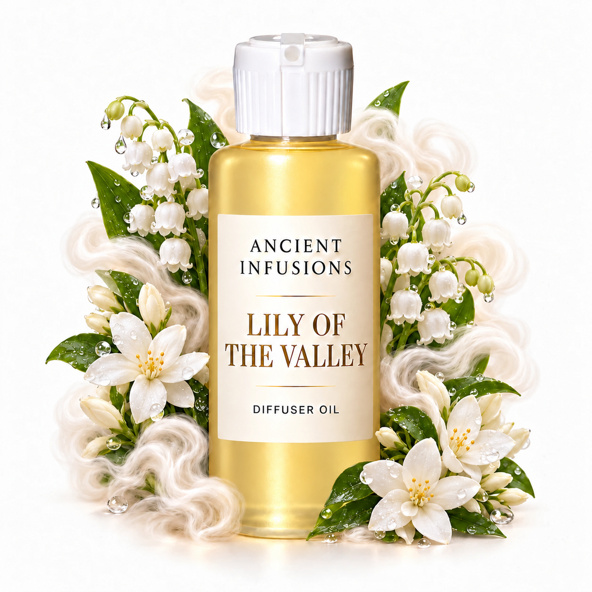 Lily of the Valley Diffuser Oil by Ancient Infusions with golden oil, white cap and matching scent artwork