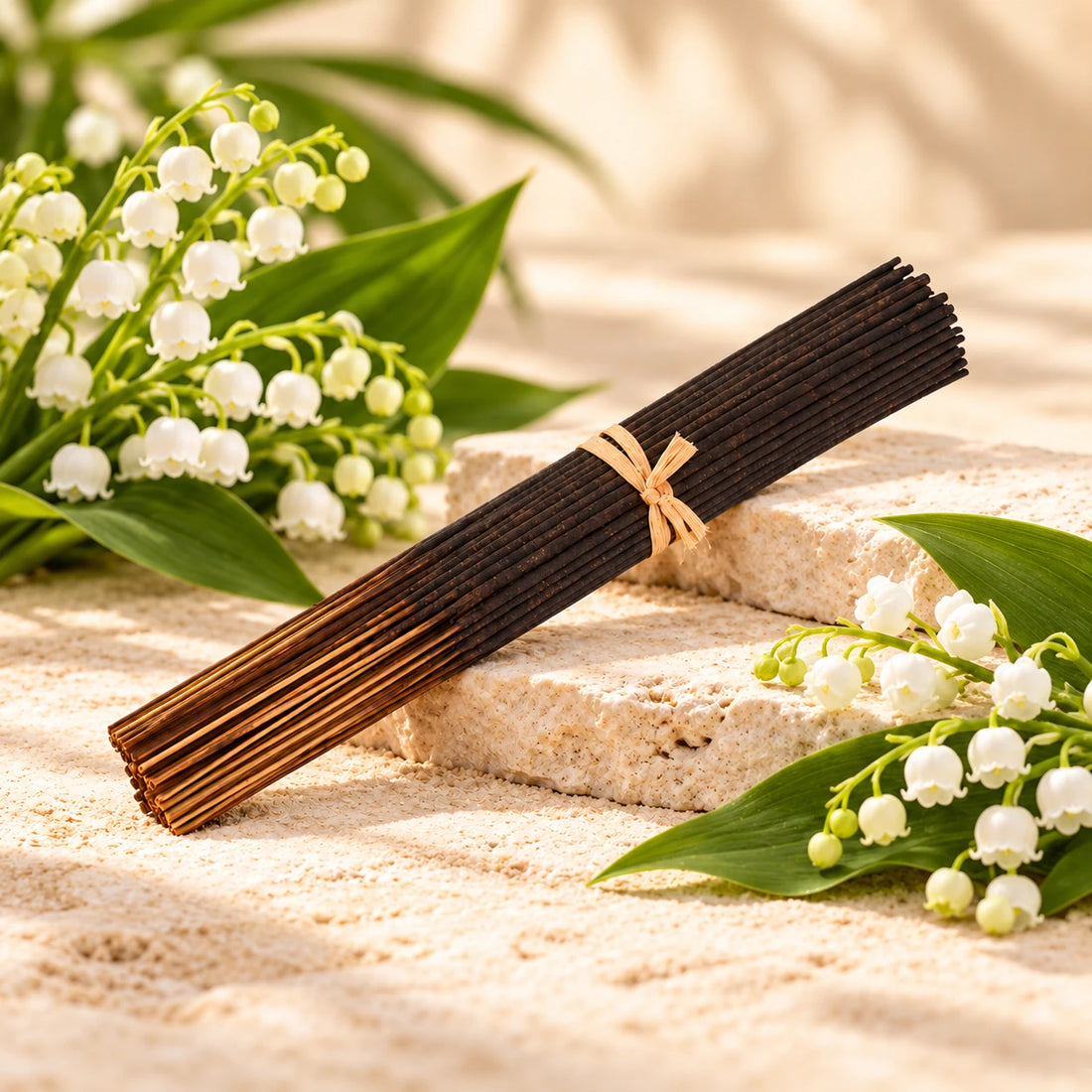 Lily of the Valley Incense Sticks with lily of the valley flowers.