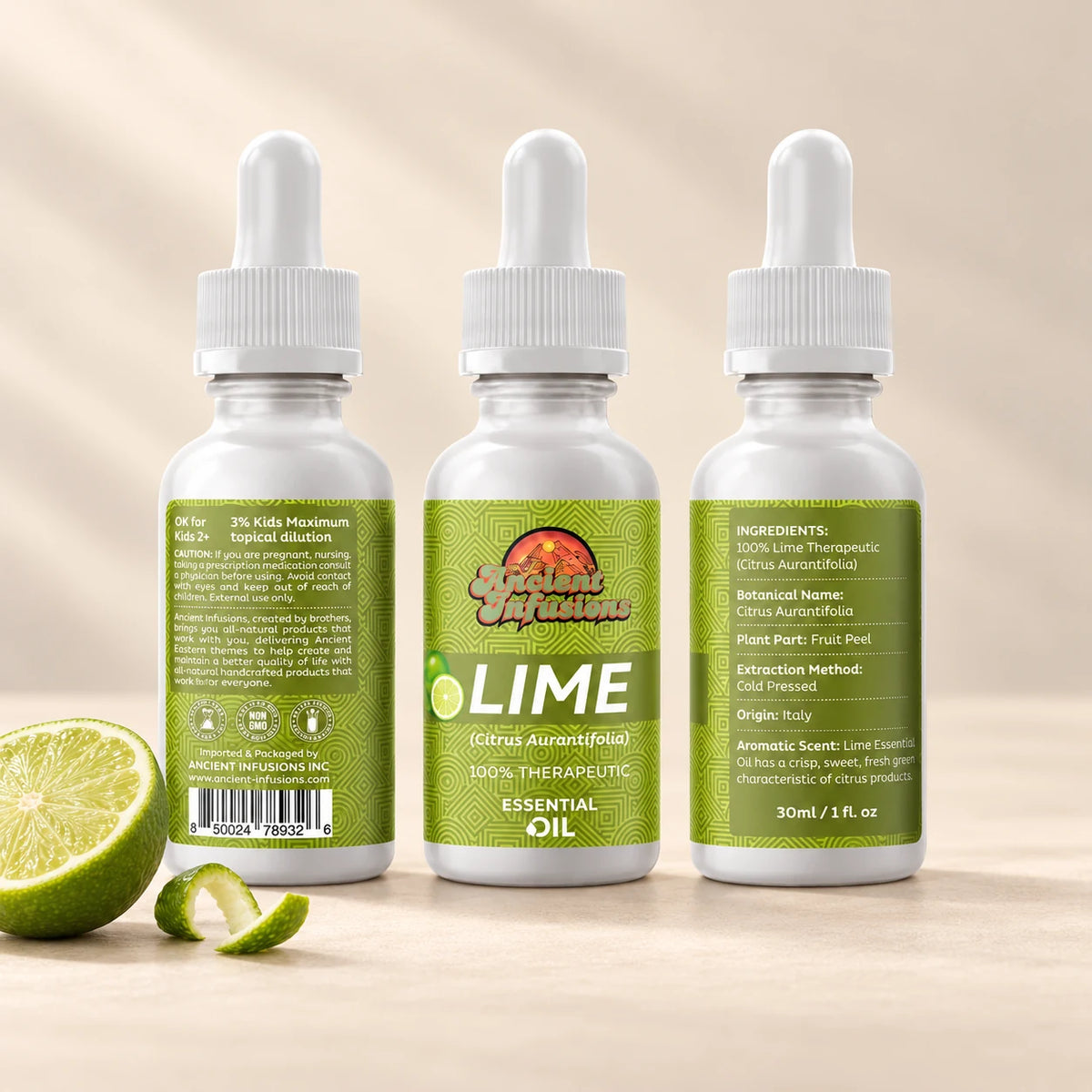 Ancient Infusions Lime Essential Oil front and side label views on an ivory background.
